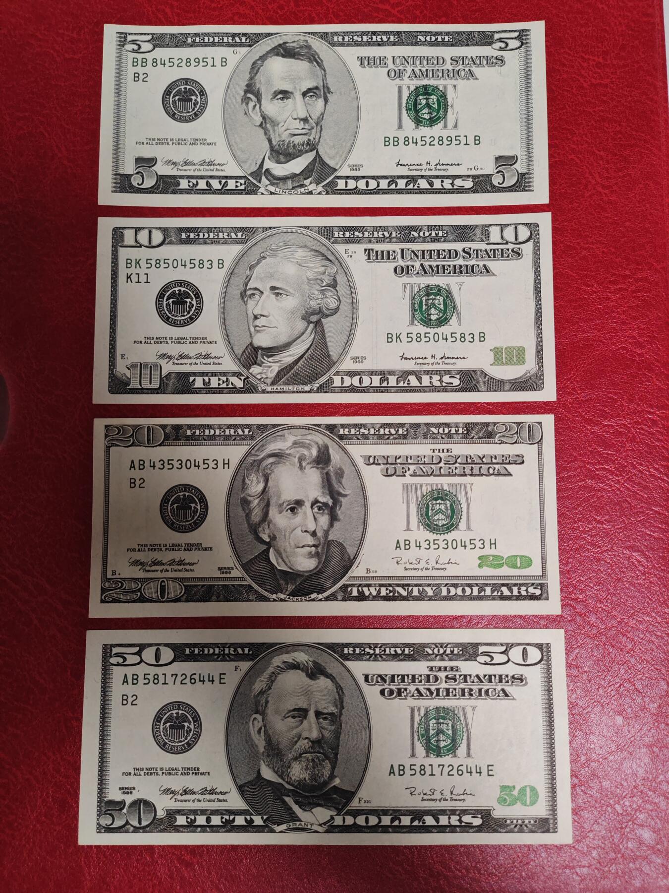美国 大头版  套币 5-10-20-50美元纸币 全新UNC 美国 大头版  套币 5-10-20-50美元纸币 全新UNC