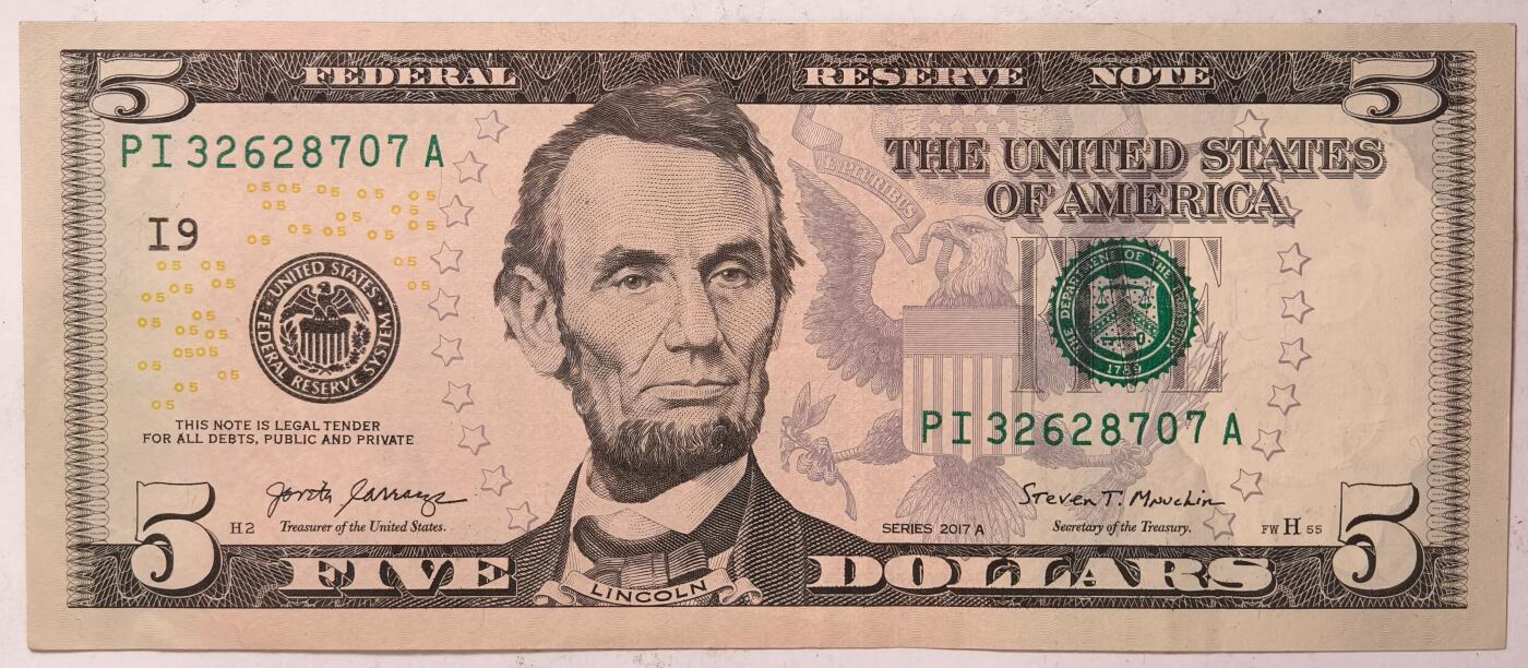 紫瑗钱币——第381期拍卖——纸币场 美国 2017年 I版 A序列 亚伯拉罕·林肯 5美元 彩色版 AU