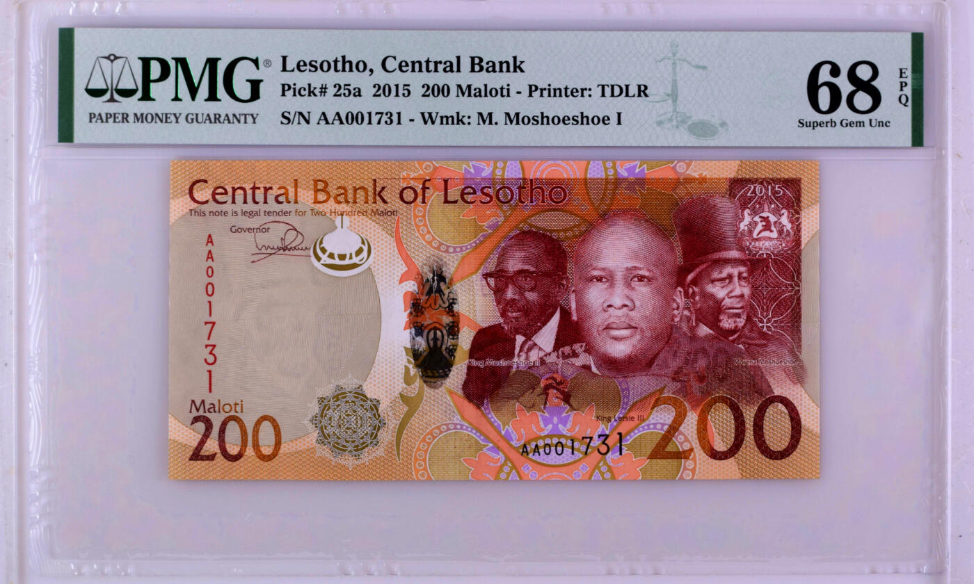 【Blue Auction】✨世界纸币精拍第502期【精】 【AA冠千位小号 冠军分】莱索托 2015年200马洛提 PMG68EPQ 超高分