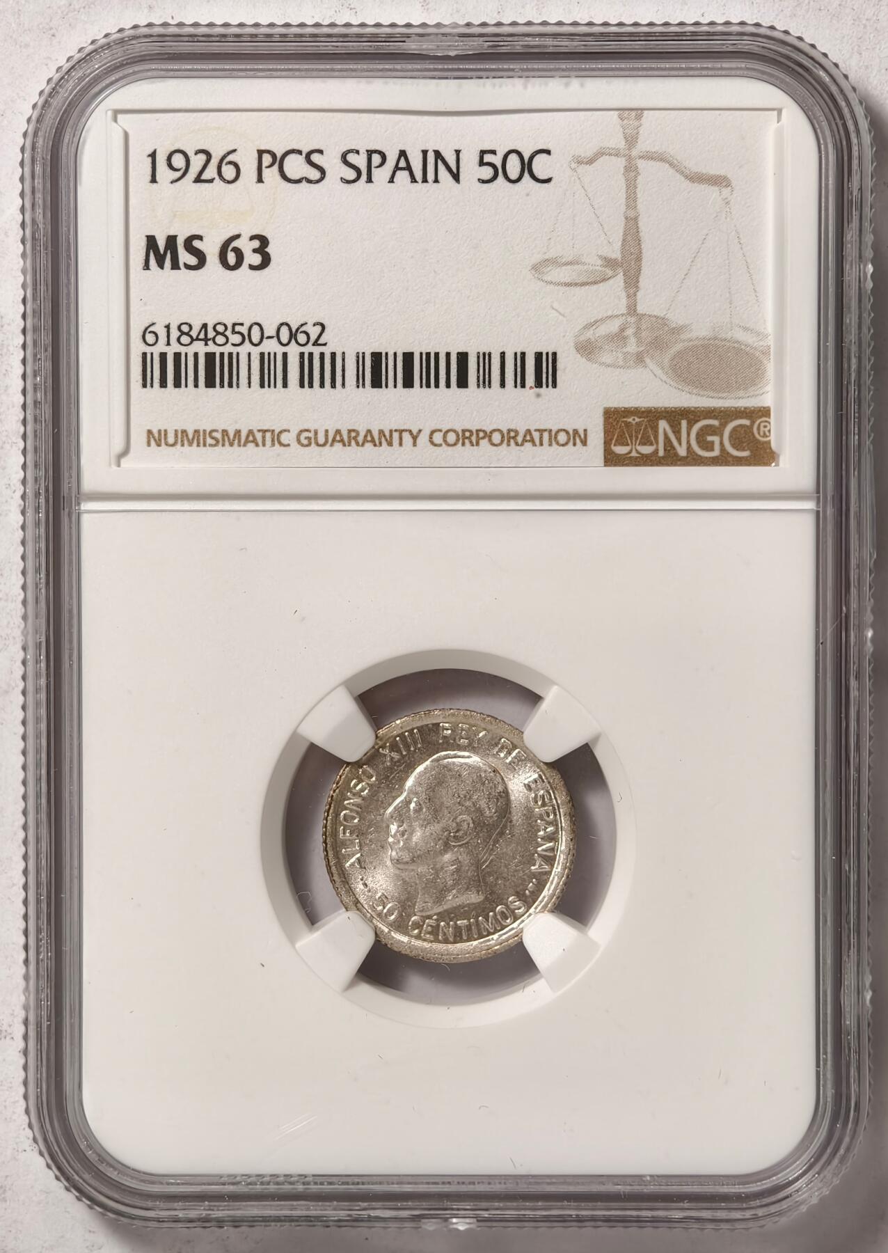紫瑗钱币——第420期 西班牙 1926年 阿方索十三世 50分银币 NGC MS63