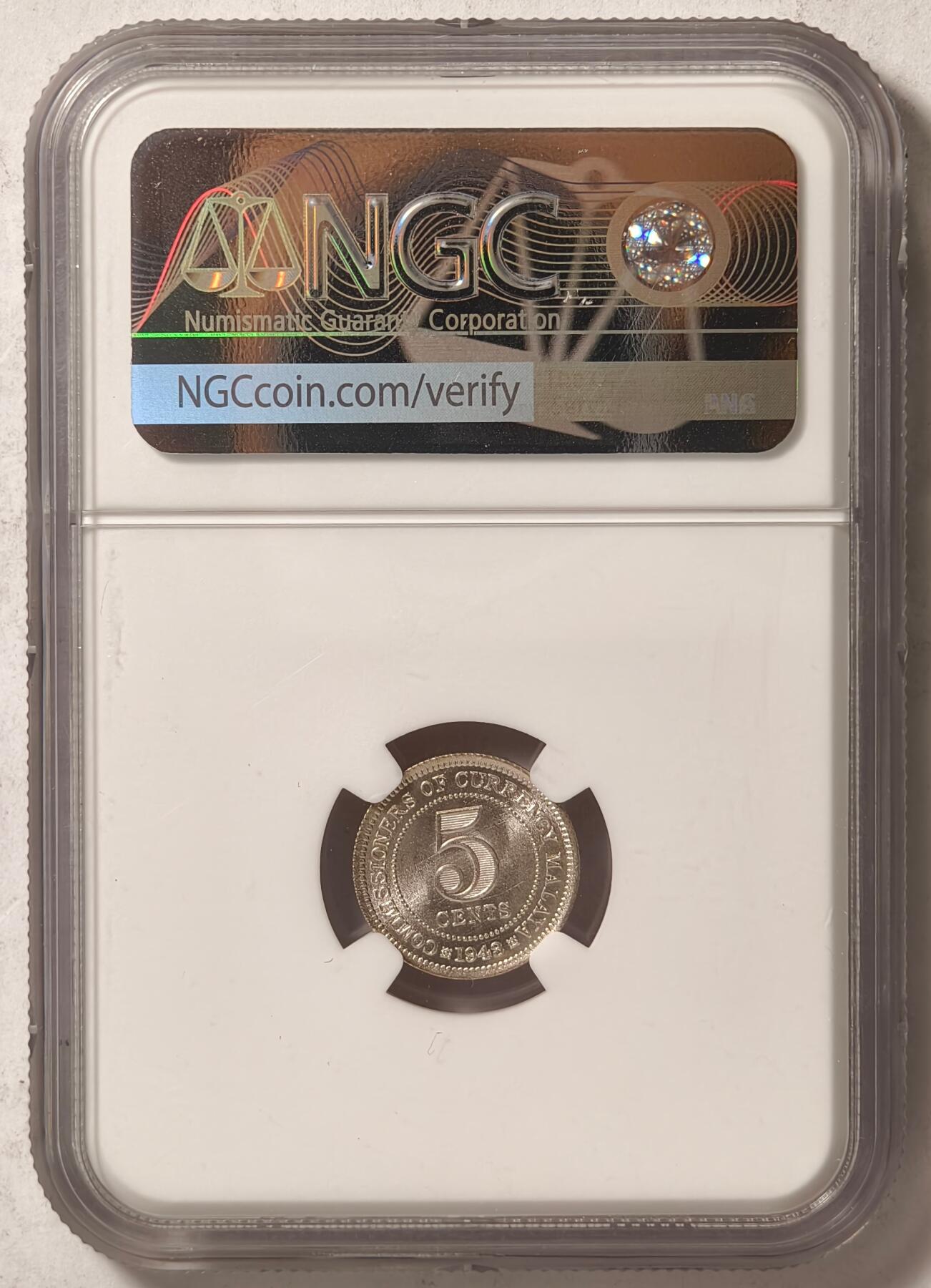 紫瑗钱币——第420期 马来亚 1943年 乔治六世 5分 银币 NGC MS63