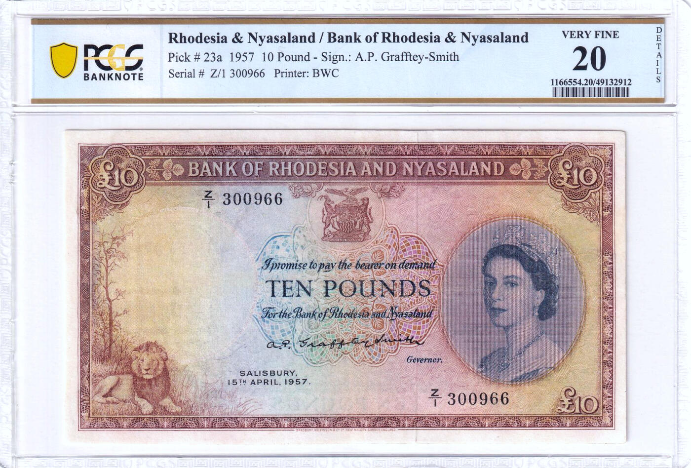 【Blue Auction】✨世界纸币精拍第502期【精】 【Z/1冠66尾无47 珍品】罗德西亚和尼亚萨兰 1957年10镑 大冠女王 该套最高值 BWC雕刻 此钞堪称英联邦钞票中最具名气的一款，其高昂面额、珍罕程度及华美设计造就了非凡魅力。从最微小的正面狮子细节到背面的大幅象群雕刻，都可一窥充满非洲特色的巧思和构图。该张没有全新存世，任何品相都非常珍罕，本张状态佳不影响欣赏性价比极高，凑套常缺此张，机会难得。（六年前一张非常烂的品相都拍了4800美金）