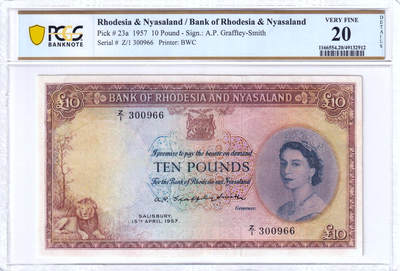 【Blue Auction】✨世界纸币精拍第502期【精】 - 【Z/1冠66尾无47 珍品】罗德西亚和尼亚萨兰 1957年10镑 大冠女王 该套最高值 BWC雕刻 此钞堪称英联邦钞票中最具名气的一款，其高昂面额、珍罕程度及华美设计造就了非凡魅力。从最微小的正面狮子细节到背面的大幅象群雕刻，都可一窥充满非洲特色的巧思和构图。该张没有全新存世，任何品相都非常珍罕，本张状态佳不影响欣赏性价比极高，凑套常缺此张，机会难得。（六年前一张非常烂的品相都拍了4800美金）