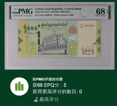 【Blue Auction】✨世界纸币精拍第502期【精】 【555豹子号 冠军分】也门 2017年1000里亚尔 PMG68EPQ 超高分