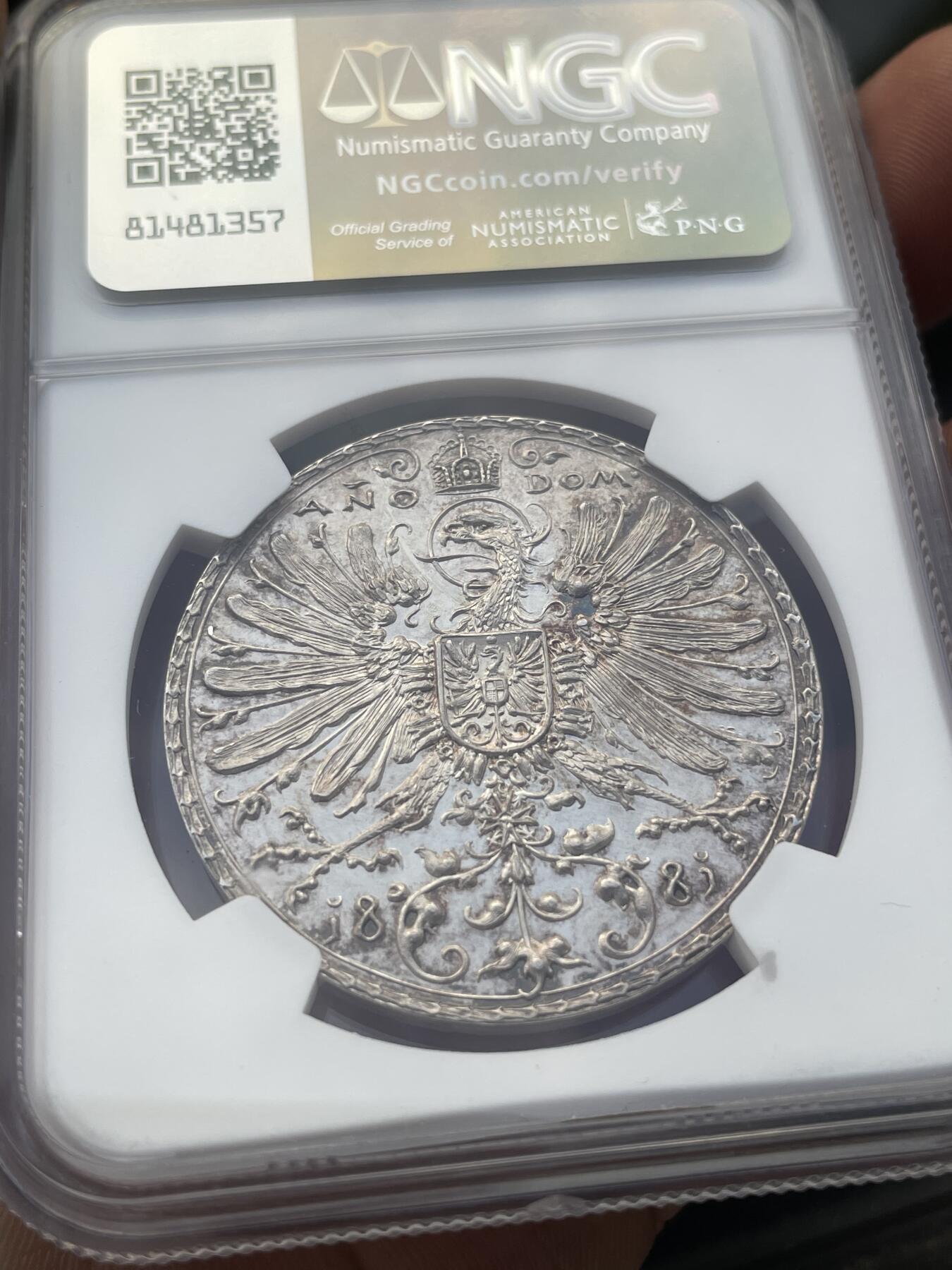「木头集藏」章牌精品专场！ Otto Hupp～1881年德国第7届慕尼黑射击节银章，38mm，27克，顶级品相！