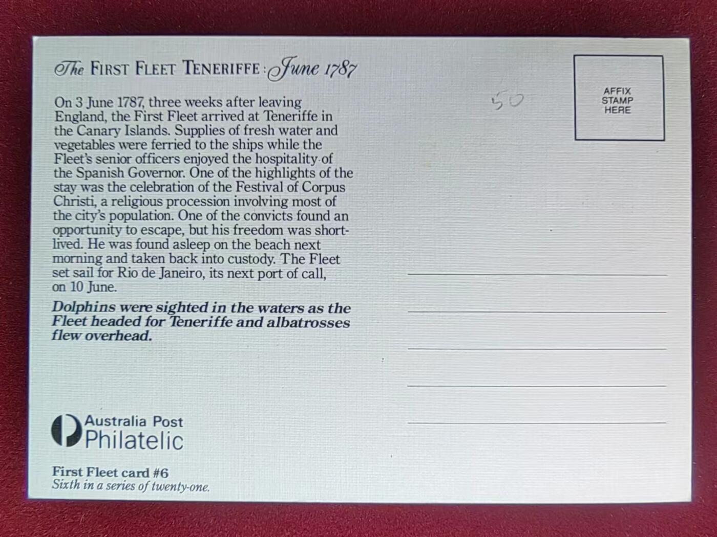 联合阁邮币社™ ——“多国明信片专场” 澳大利亚 第一舰队抵达加那利群岛 极限片