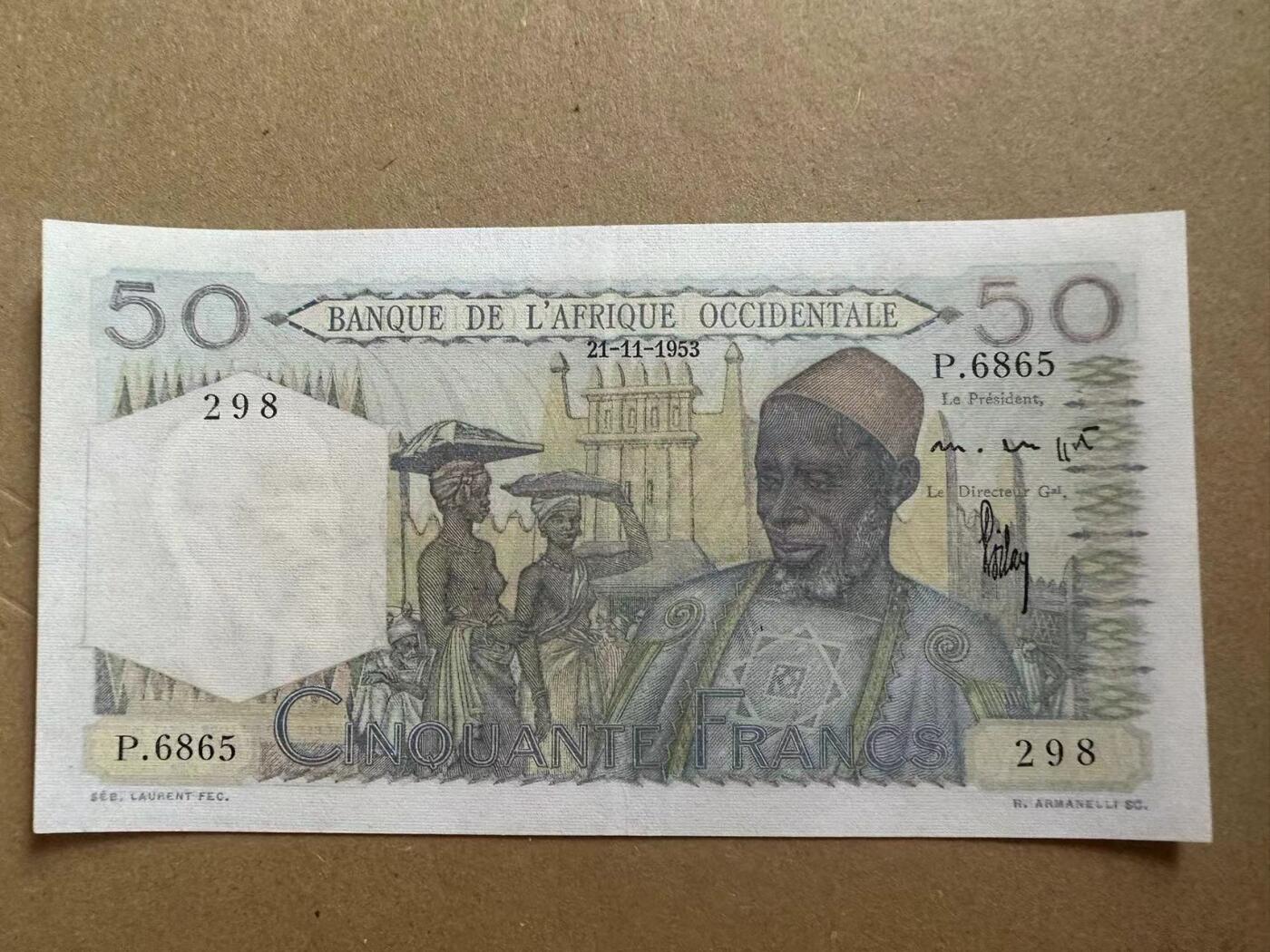 【Blue Auction】✨世界纸币精拍第502期【精】 【无47】法属西非 1953年50法郎 XF-AU品相