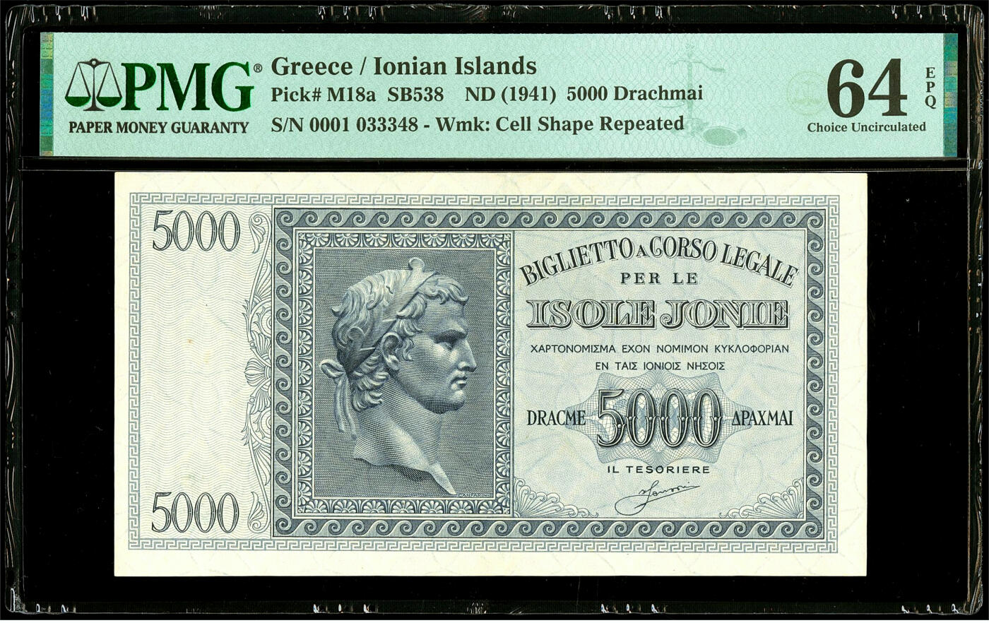 【Blue Auction】✨世界纸币精拍第502期【精】 【0001首发冠 该套最高值 潜力品种】希腊 伊奥尼亚群岛大区 1941年5000德拉科马 PMG64EPQ 全新原票 正面为欧洲“四大战神”之一的凯撒大帝 其奠定了罗马帝国根基 背面为一系列多组神话人物及场景 非常有特色 不容错过 