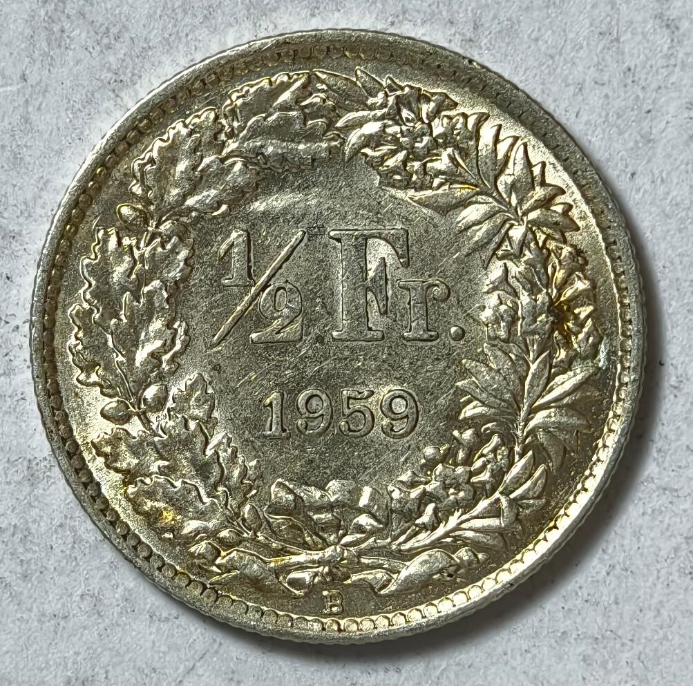 紫瑗钱币——第420期 瑞士 1959年 B版 赫尔维蒂女神 1/2法郎 2.5克 0.835银 UNC