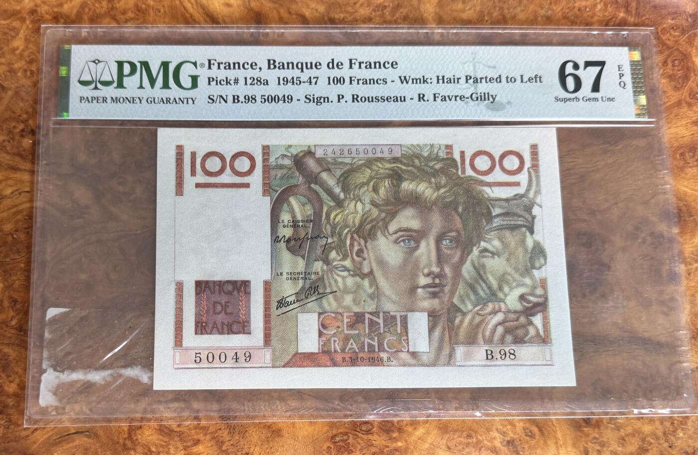 Chase Auction 第30期 - - 外钞、民国钞和人民币混合场！ 1945年法国100法郎，PMG67！
