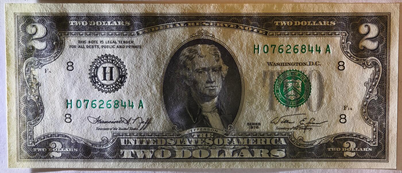 紫瑗钱币——第381期拍卖——纸币场 【双尾4】美国 1976年 H版 无序列 托马斯.杰斐逊 2美元 UNC