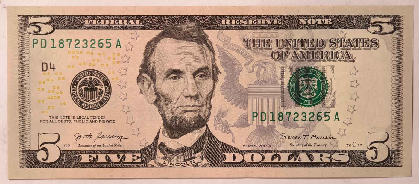 紫瑗钱币——第381期拍卖——纸币场 美国 2017 D版 A序列 亚伯拉罕·林肯 5美元 彩色版 UNC