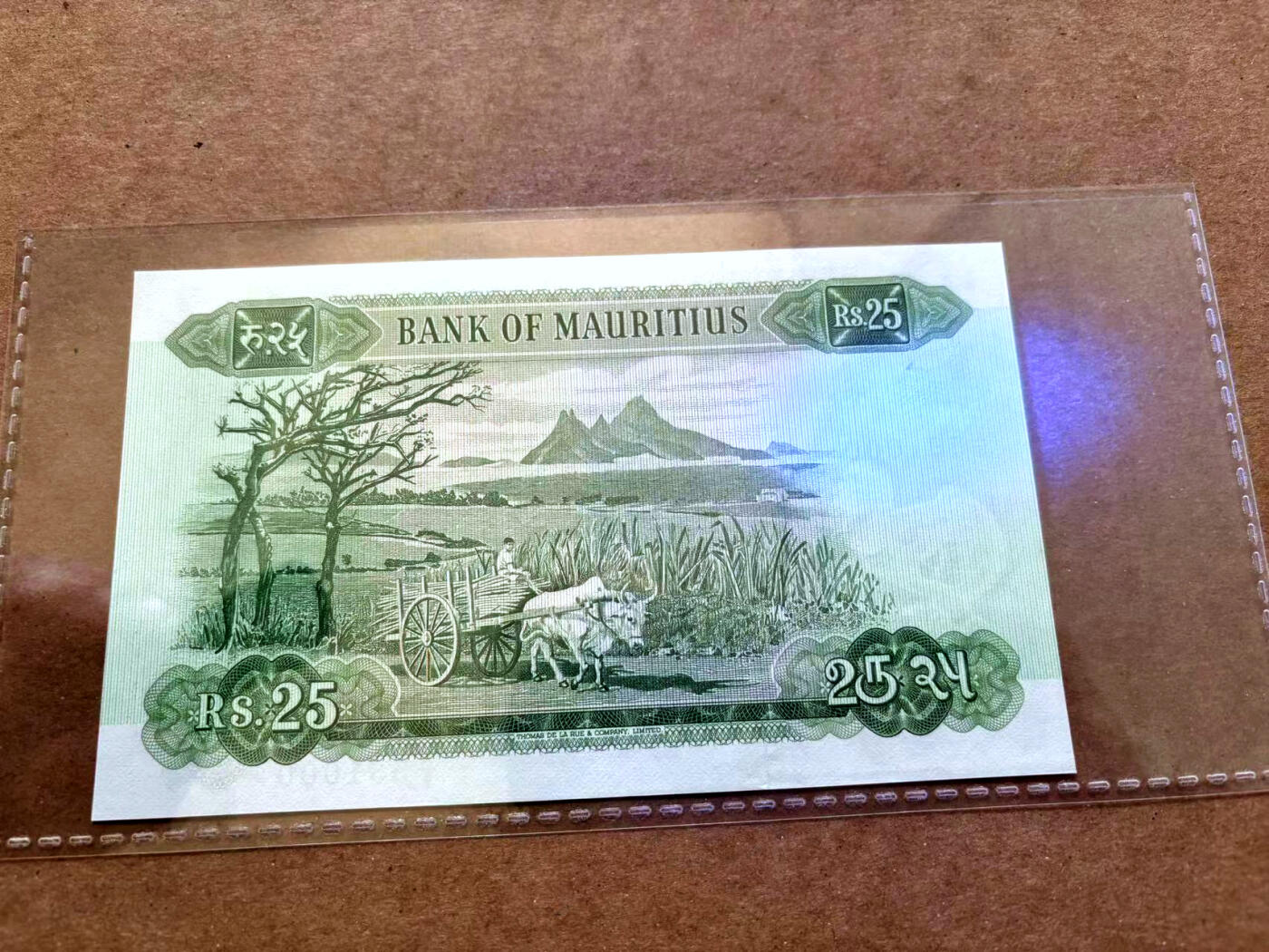 【Blue Auction】✨世界纸币精拍第502期【精】 【豹子号无47】毛里求斯 1967年25卢比 戎装女王 UNC（背面水印处有瑕疵）