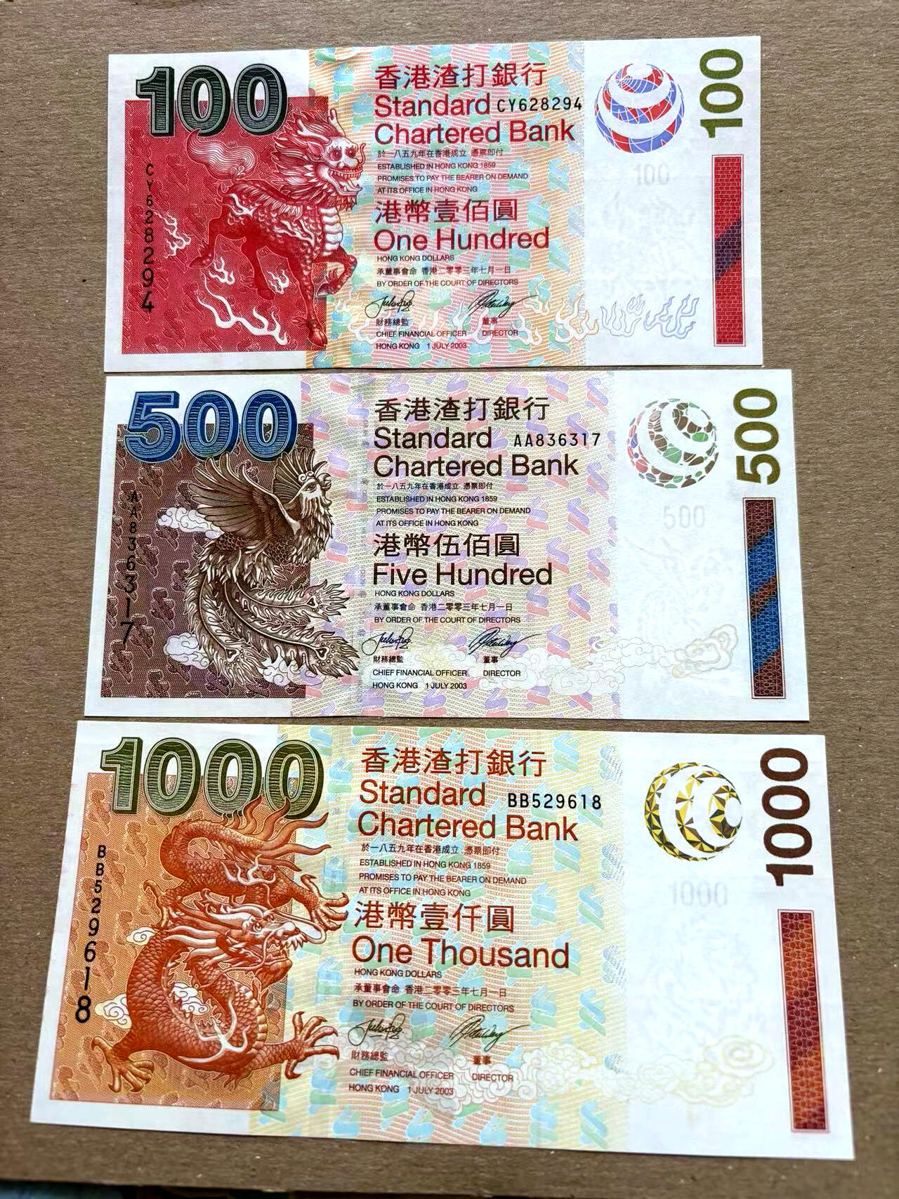 【Blue Auction】✨世界纸币精拍第502期【精】 【一组3张 含无47】香港 渣打 2003年100-500-1000元 全新UNC