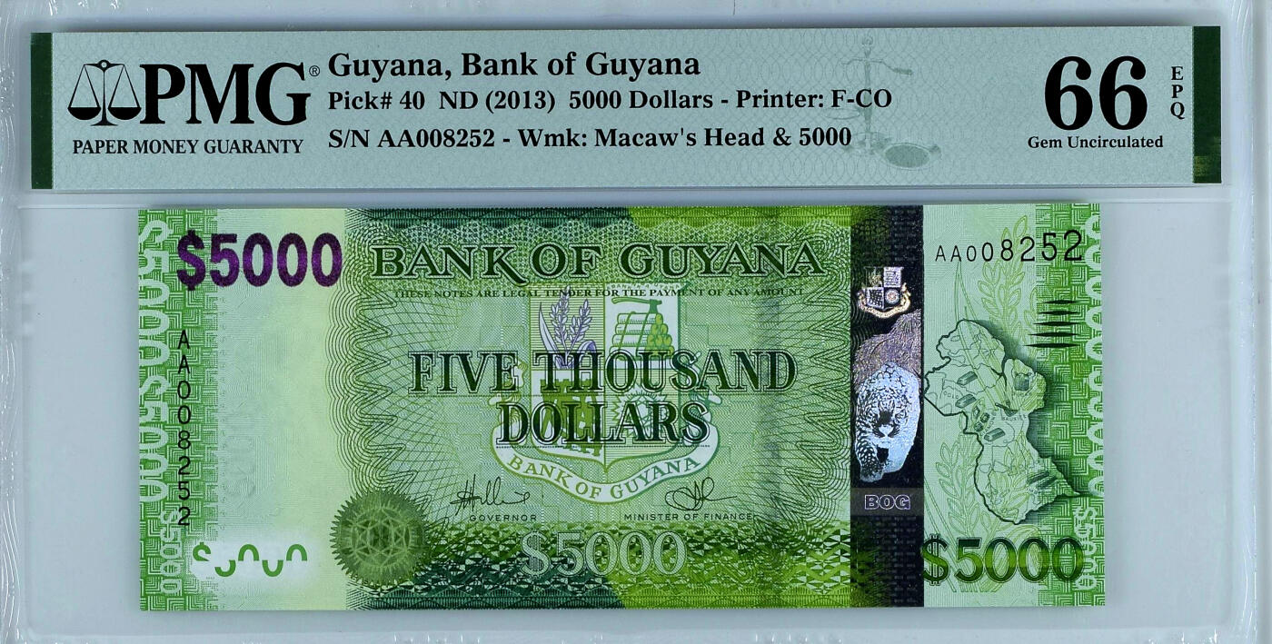 【Blue Auction】✨世界纸币精拍第502期【精】 【AA冠千位小号无47】圭亚那 2013年5000元 PMG66EPQ 