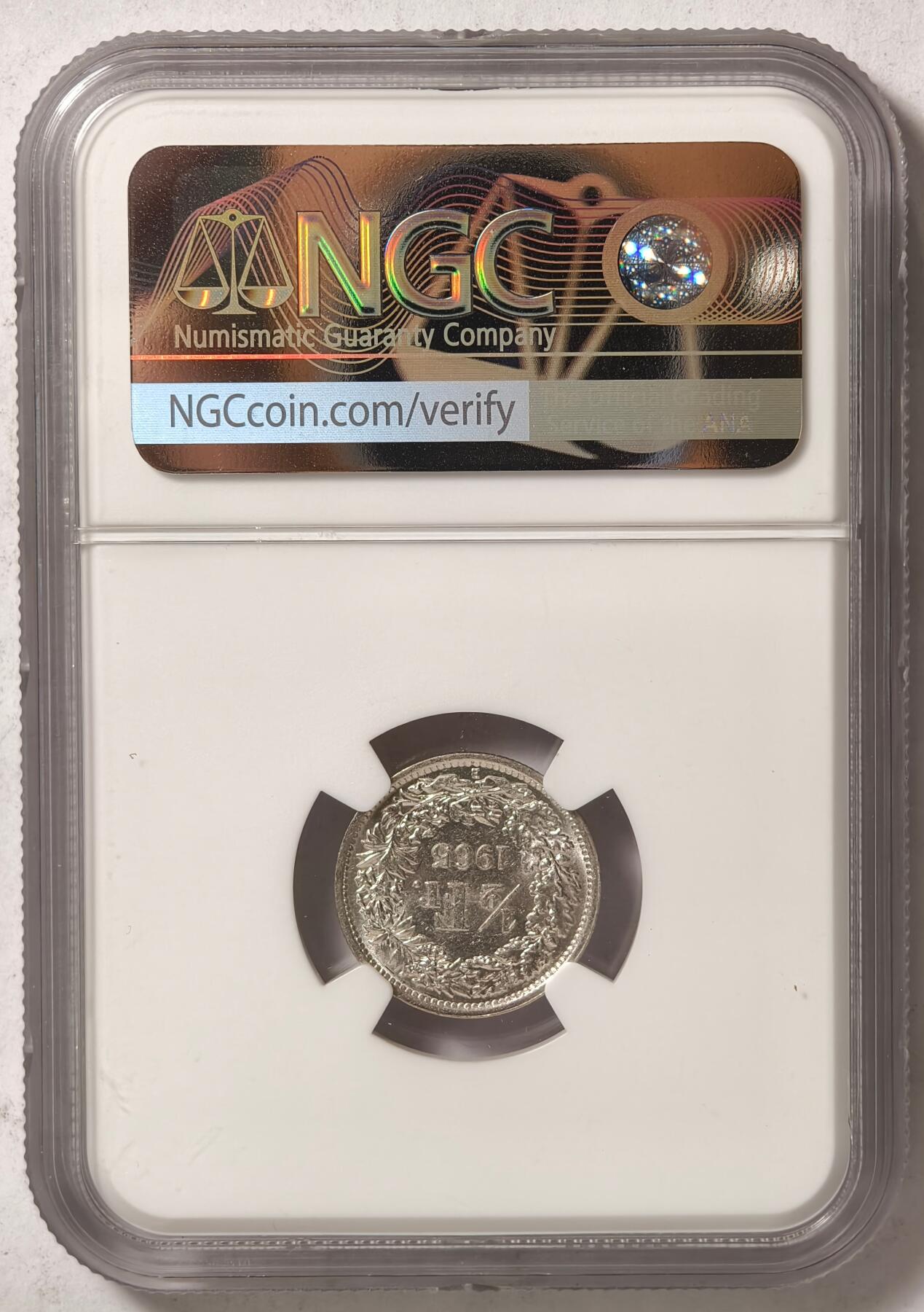 紫瑗钱币——第420期 瑞士 1965年 B版 赫尔维蒂亚 1/2法郎 银币 NGC MS62