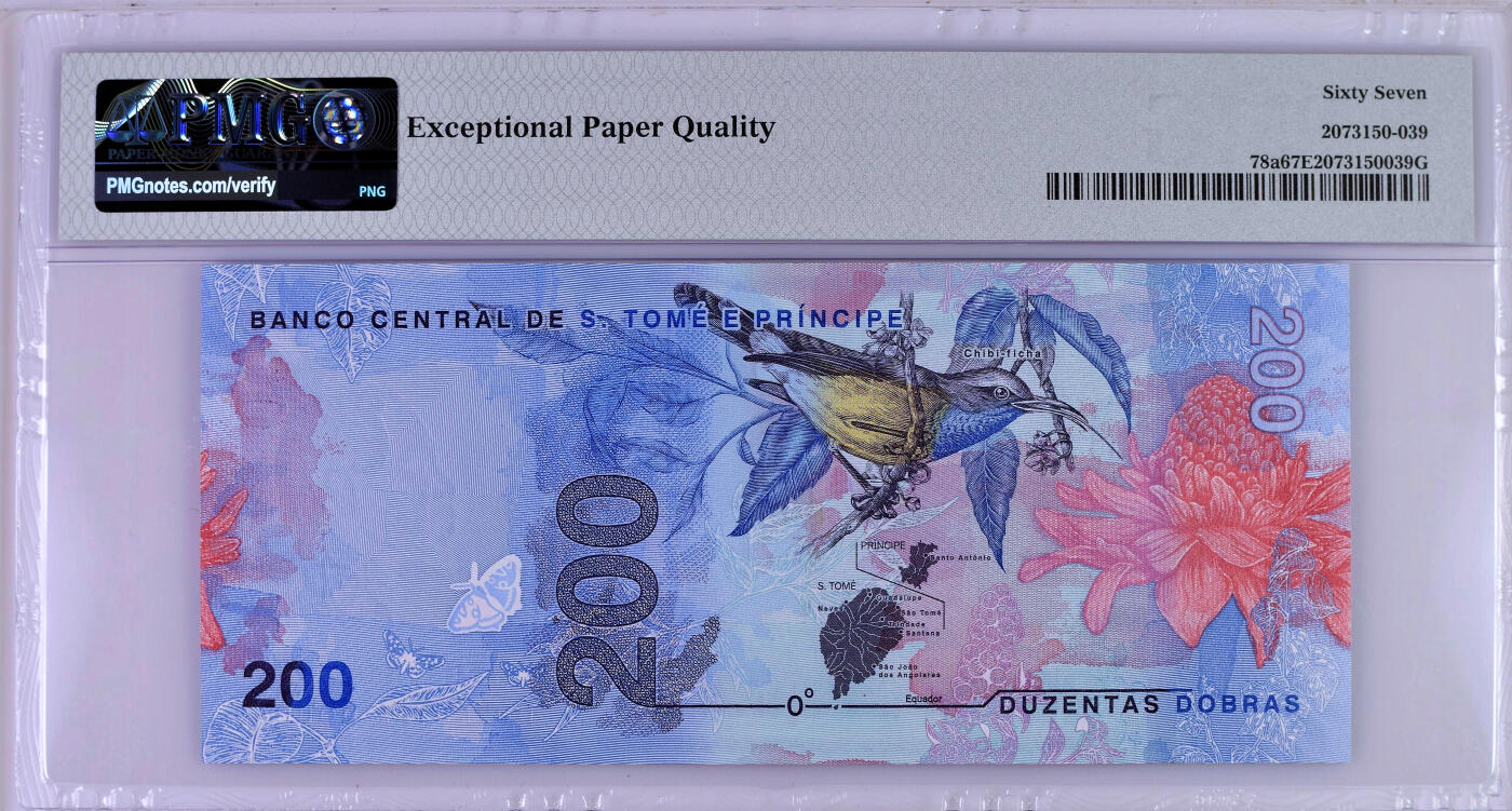 【Blue Auction】✨世界纸币精拍第502期【精】 【000豹子号 AF首发冠】圣多美和普林西比 2020年200多布拉 PMG67EPQ 高分