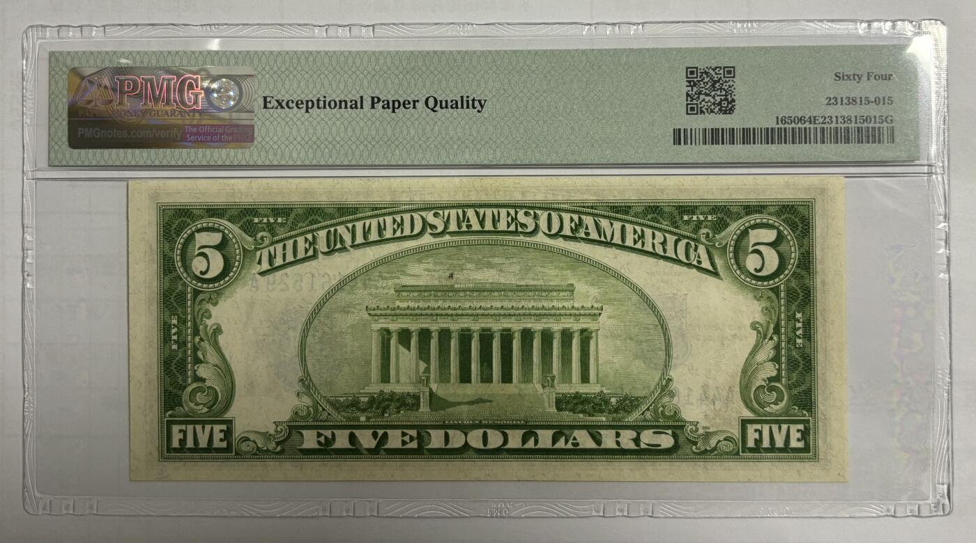 Chase Auction 第30期 - - 外钞、民国钞和人民币混合场！ 1934年 5美元 银币券 蓝色库印 AA首发冠号 PMG评级64EPQ
