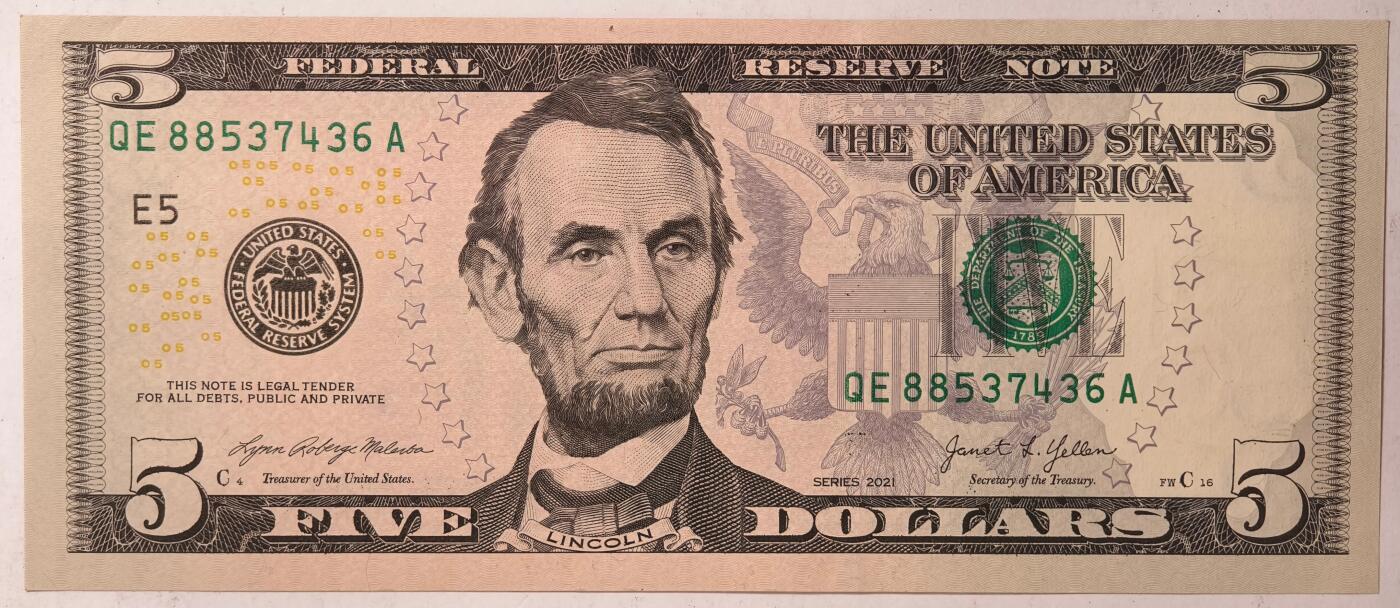 紫瑗钱币——第381期拍卖——纸币场 美国 2021年 E版 无序列 亚伯拉罕·林肯 5美元 彩色版 UNC