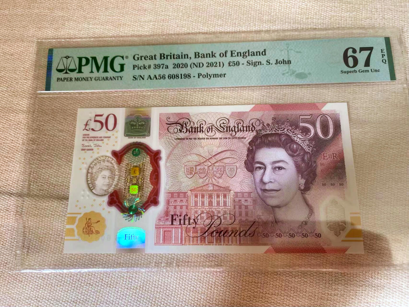 【Blue Auction】✨世界纸币精拍第502期【精】 【倒置号】英国 2021年50镑 PMG67EPQ 高分