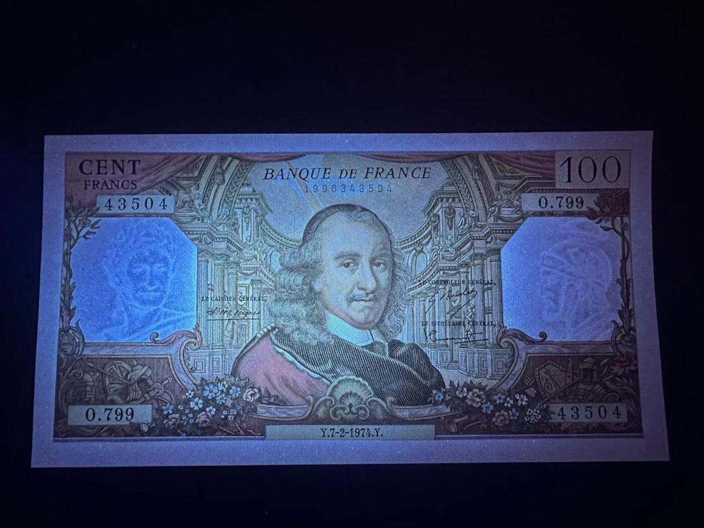 【Blue Auction】✨世界纸币精拍第502期【精】 法国 1974年100法郎 高乃伊 UNC-针孔