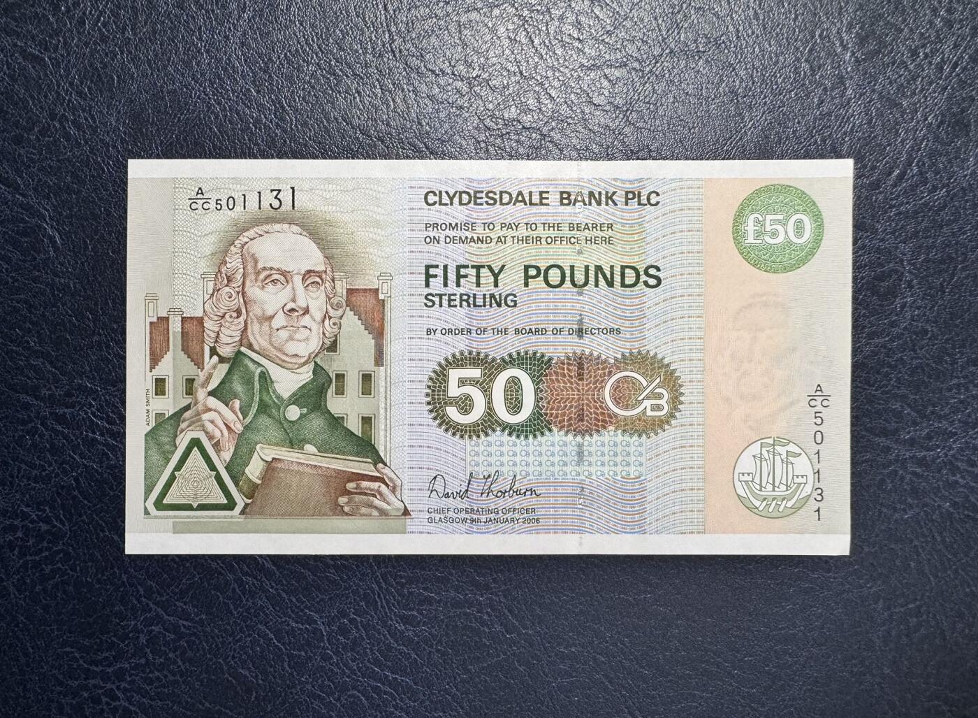 收藏联盟Quantum Auction 第360期拍卖  苏格兰克莱斯戴尔银行2006年50镑  品相UNC-  票面有道很长的压痕