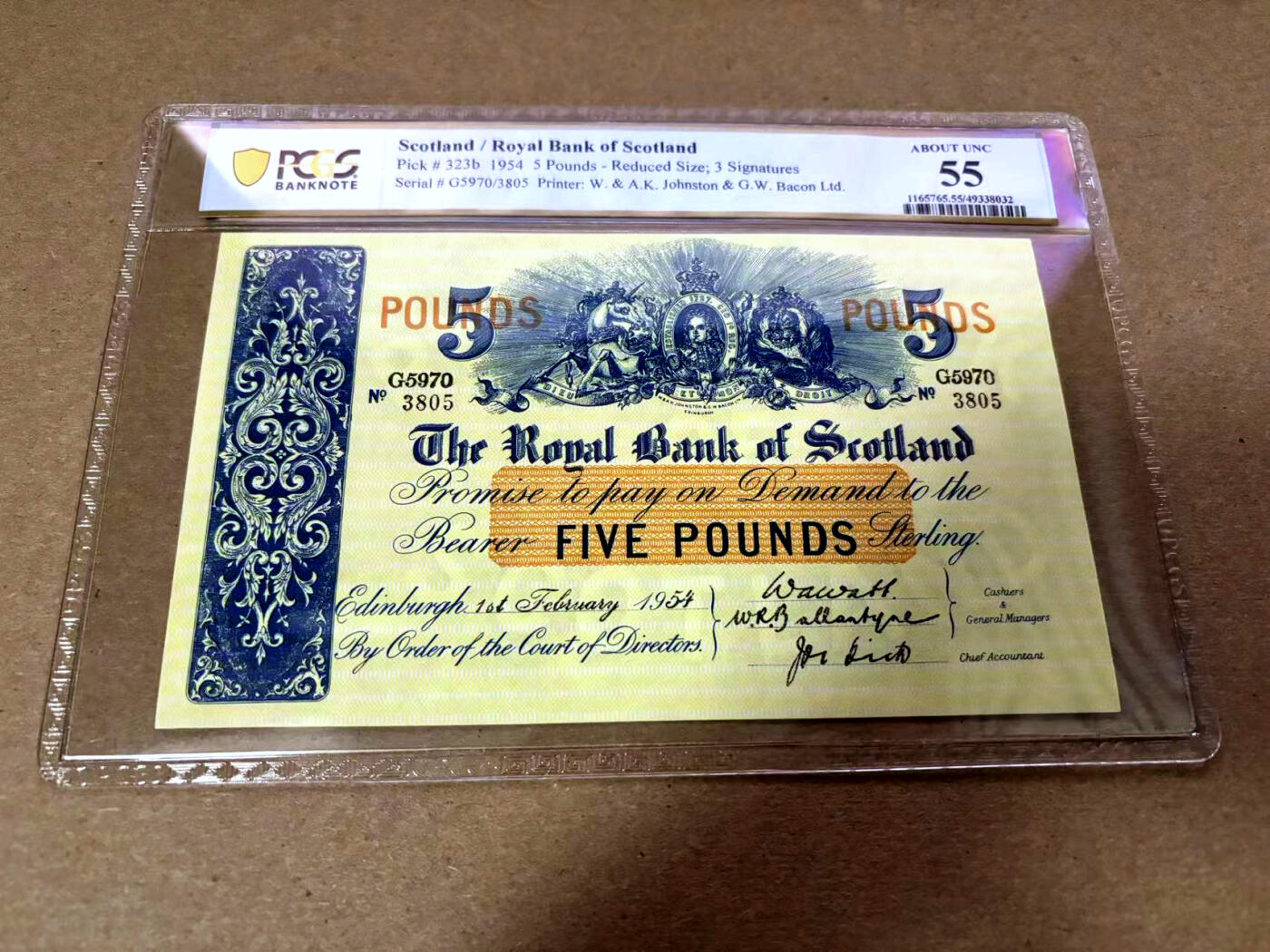 【Blue Auction】✨世界纸币精拍第502期【精】  苏格兰皇家银行早期 1954年5镑 满版水印 大票幅 PCGS55 状态佳 