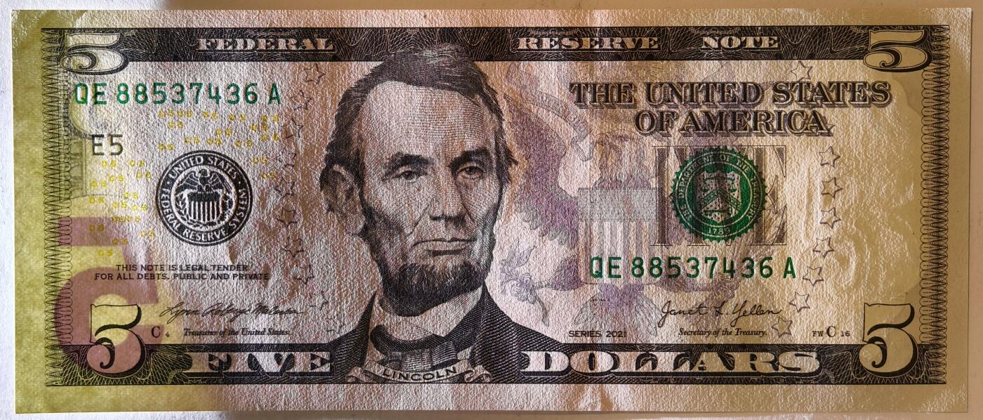 紫瑗钱币——第381期拍卖——纸币场 美国 2021年 E版 无序列 亚伯拉罕·林肯 5美元 彩色版 UNC