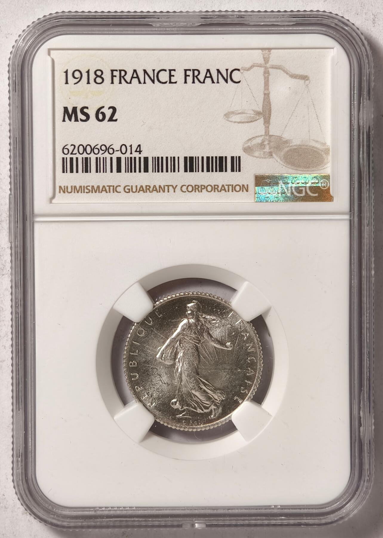 紫瑗钱币——第384期拍卖 法国 1918年 播种女神 1法郎 银币 NGC MS62