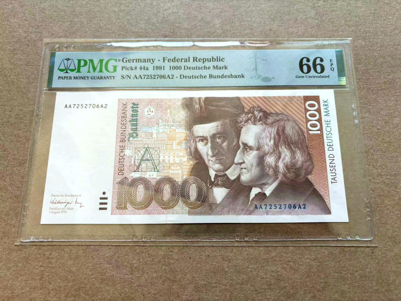 【Blue Auction】✨世界纸币精拍第502期【精】  【非常稀少AAA冠】德国 1991年1000马克 格林兄弟 PMG66EPQ 