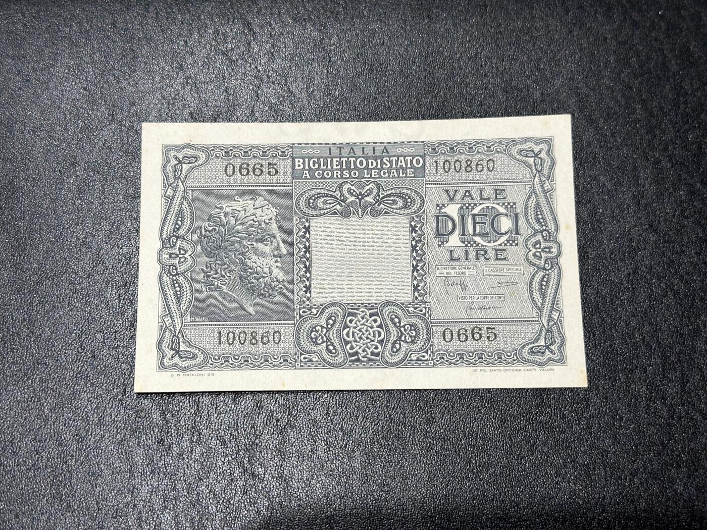 《外钞收藏家》第三百九十期 1944年意大利10里拉 UNC- 有轻微黄点和潮点