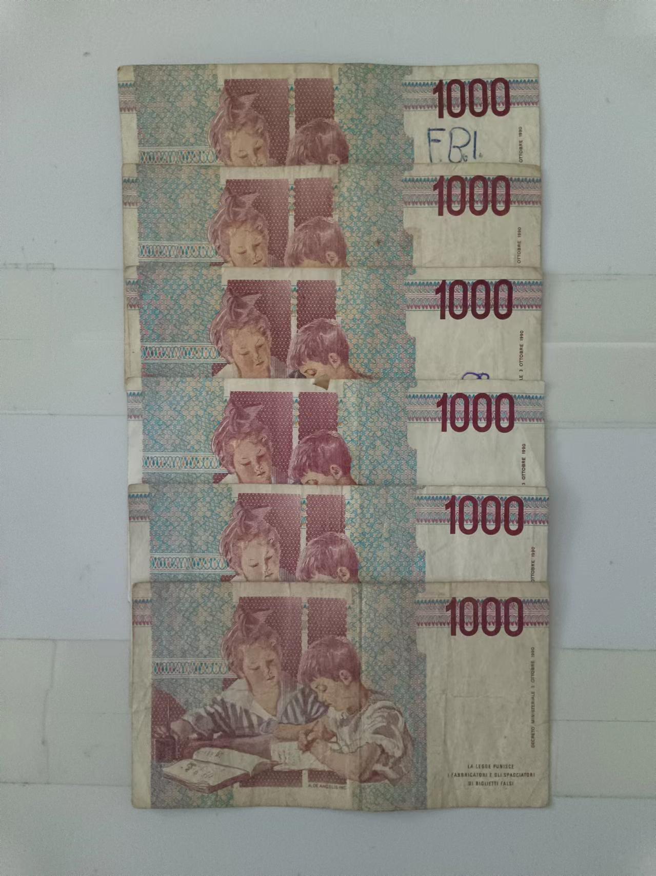 【20240714】非全新纸币第150场 意大利1000里拉6张纸币，有裂缝和字迹