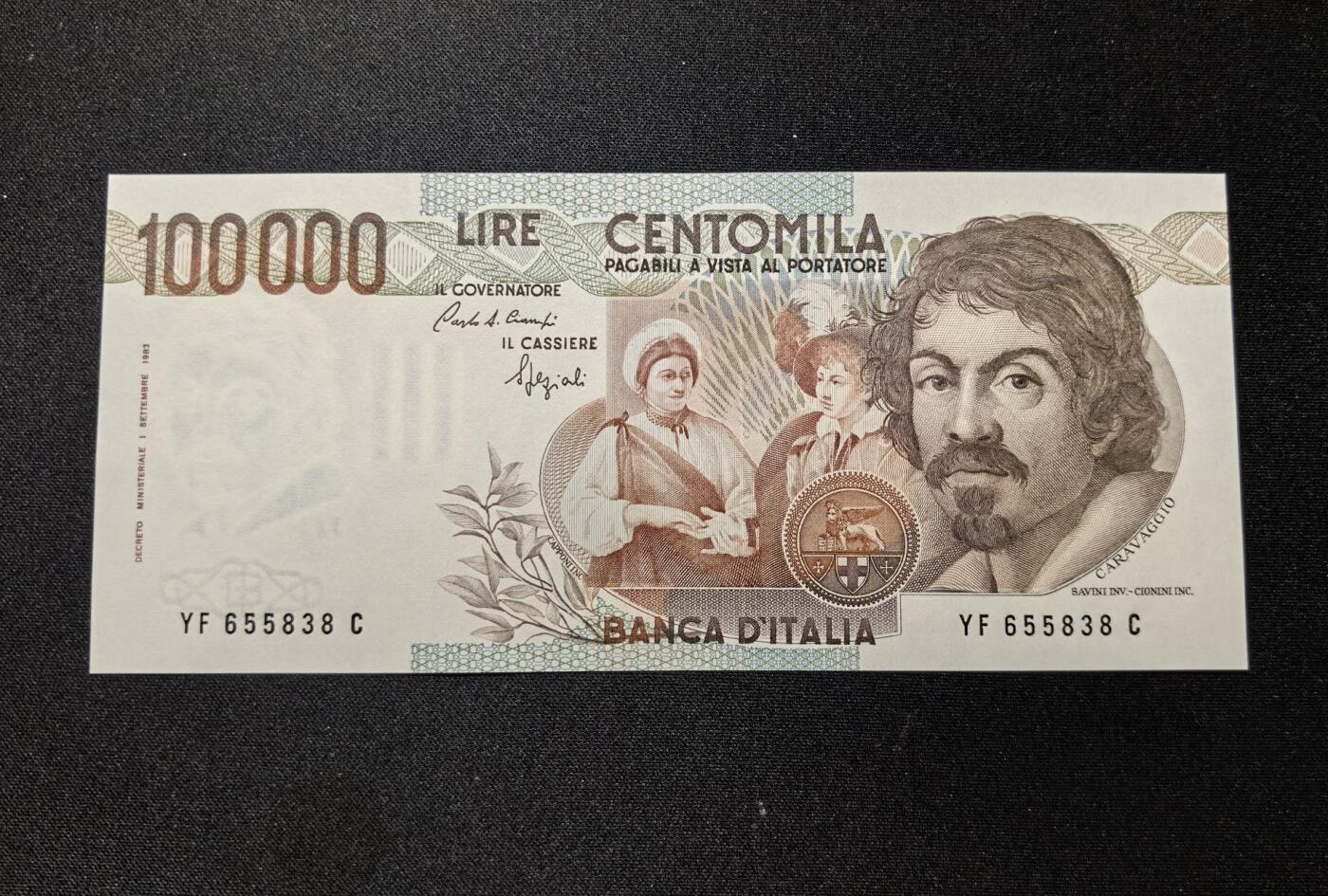 收藏联盟Quantum Auction 第360期拍卖  意大利1983年100000里拉 品相UNC 号码无47尾8 画家拉瓦乔名画 水果篮