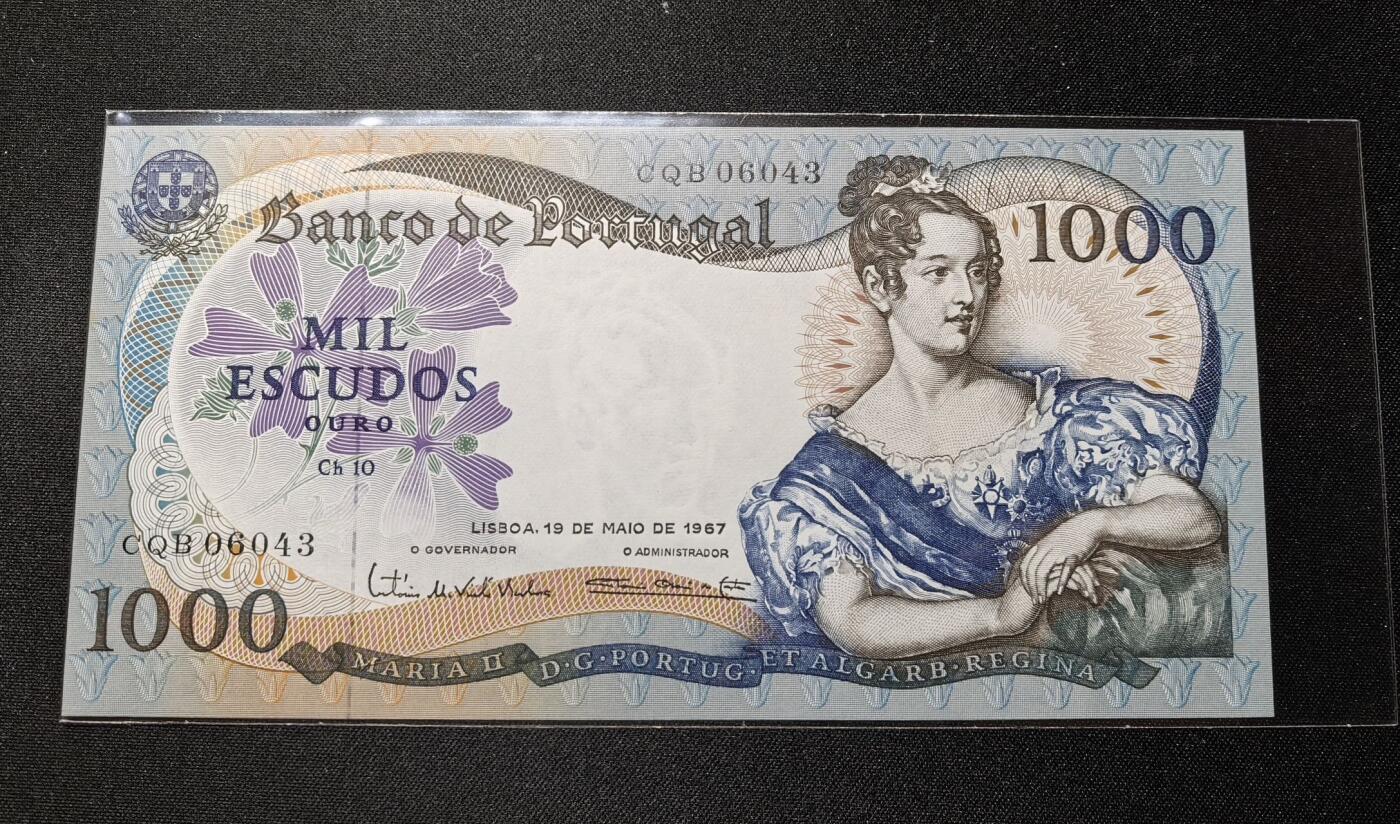 收藏联盟Quantum Auction 第360期拍卖  葡萄牙1967年1000埃斯库多 品相UNC- 号码无4 背面有两个轻微荧光点 JEZ代印