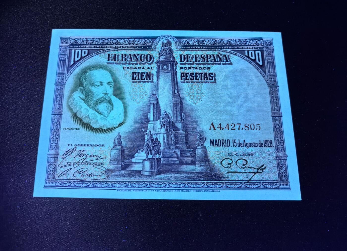 收藏联盟Quantum Auction 第360期拍卖  西班牙1928年100比塞塔 品相UNC-  点钞痕 塞万提斯