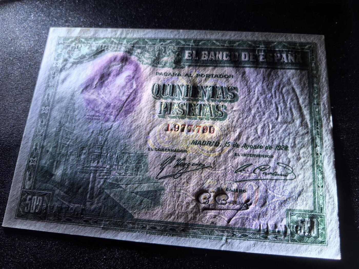 收藏联盟Quantum Auction 第360期拍卖  西班牙1928年500比塞塔 品相UNC- 点钞痕