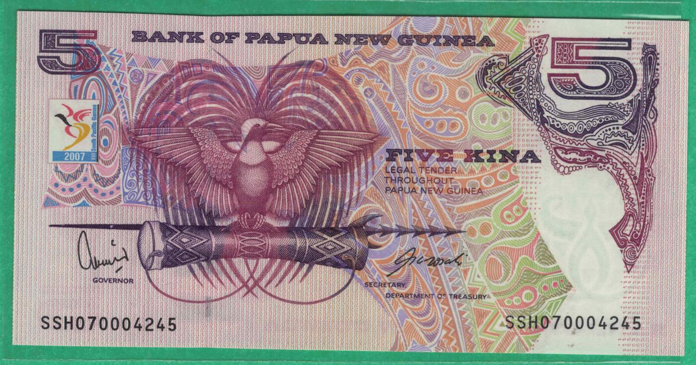 巴布亚新几内亚2007年5基纳 13届南太运动会纪念钞 P-34 实物图 UNC