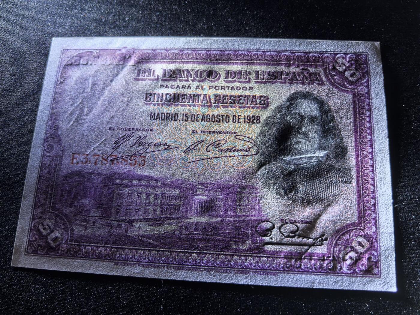 收藏联盟Quantum Auction 第360期拍卖  西班牙1928年50比塞塔 品相UNC -  点钞痕
