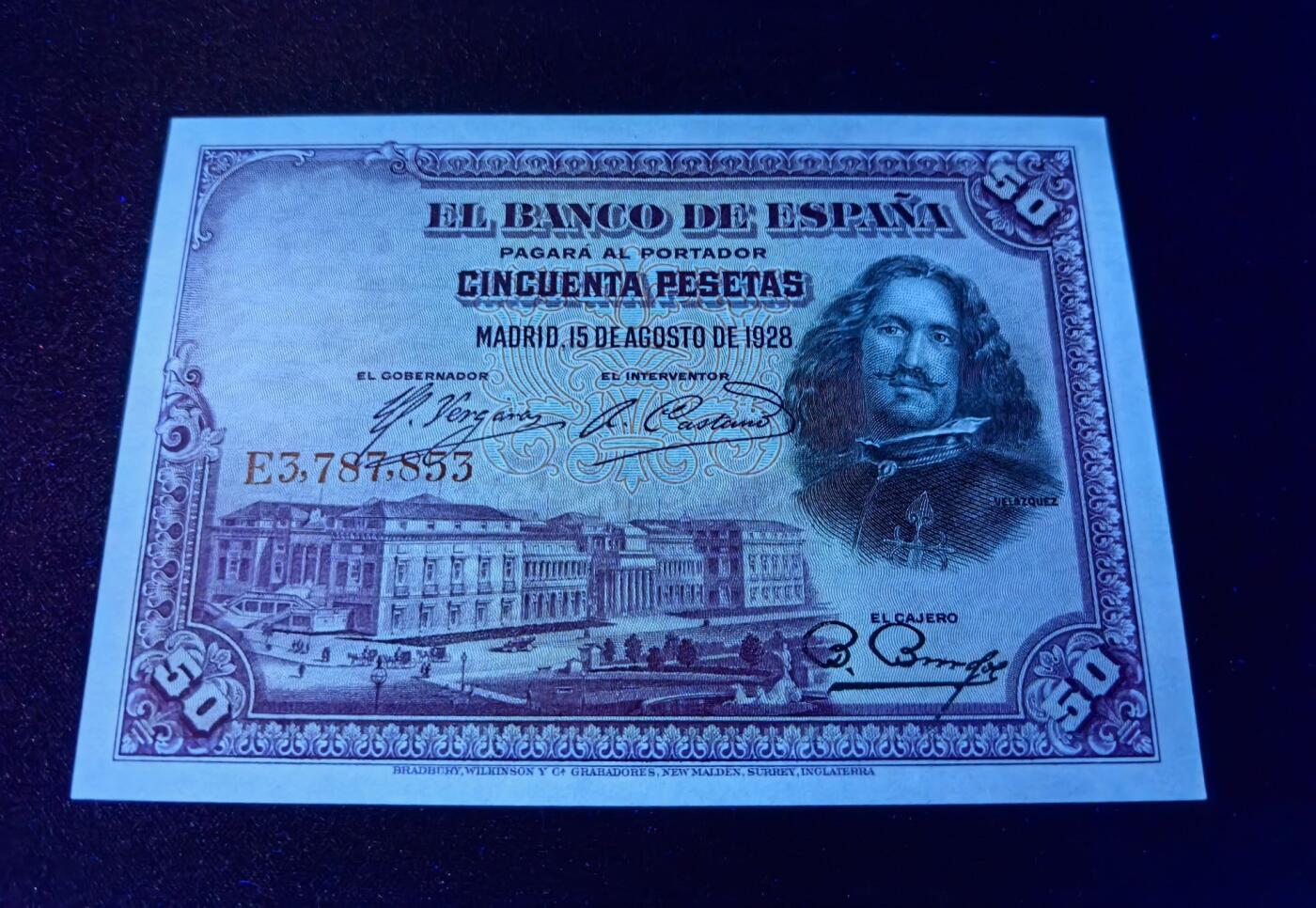 收藏联盟Quantum Auction 第360期拍卖  西班牙1928年50比塞塔 品相UNC -  点钞痕