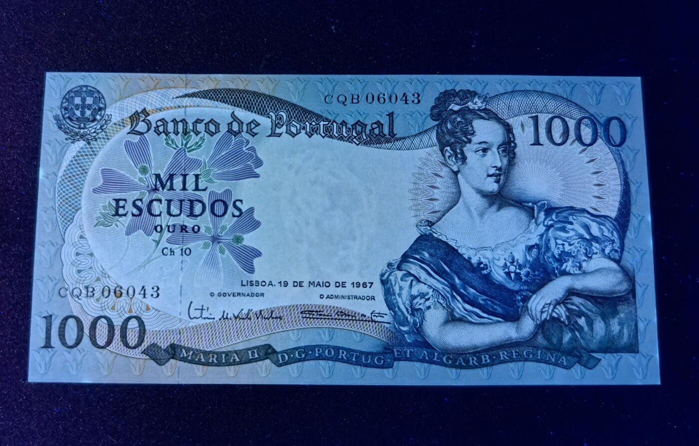 收藏联盟Quantum Auction 第360期拍卖  葡萄牙1967年1000埃斯库多 品相UNC- 号码无4 背面有两个轻微荧光点 JEZ代印
