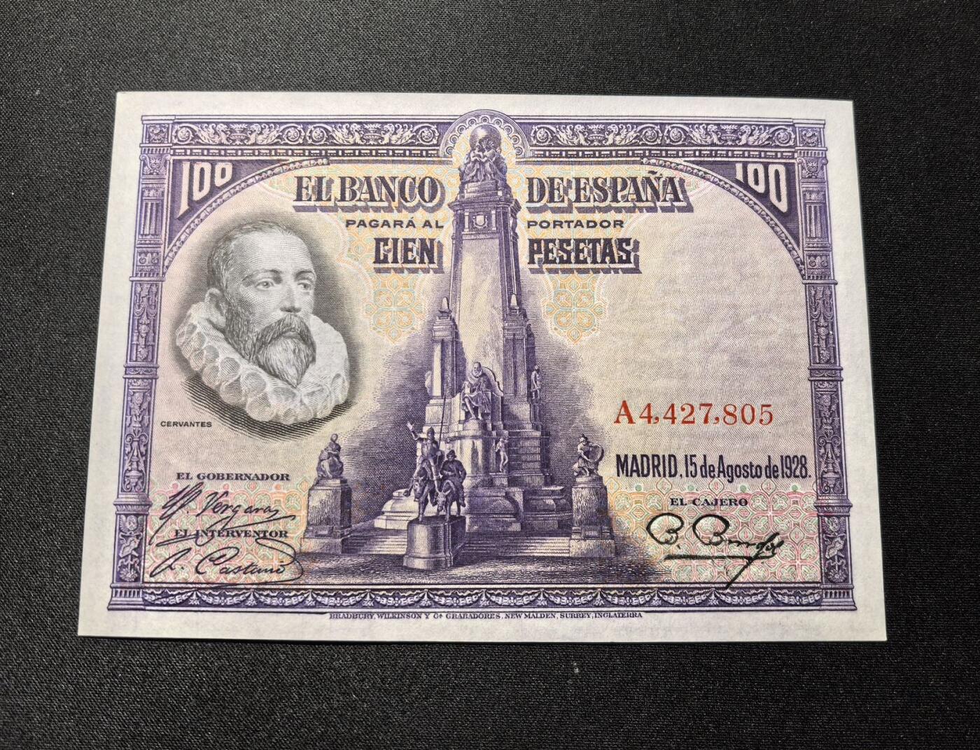 收藏联盟Quantum Auction 第360期拍卖  西班牙1928年100比塞塔 品相UNC-  点钞痕 塞万提斯