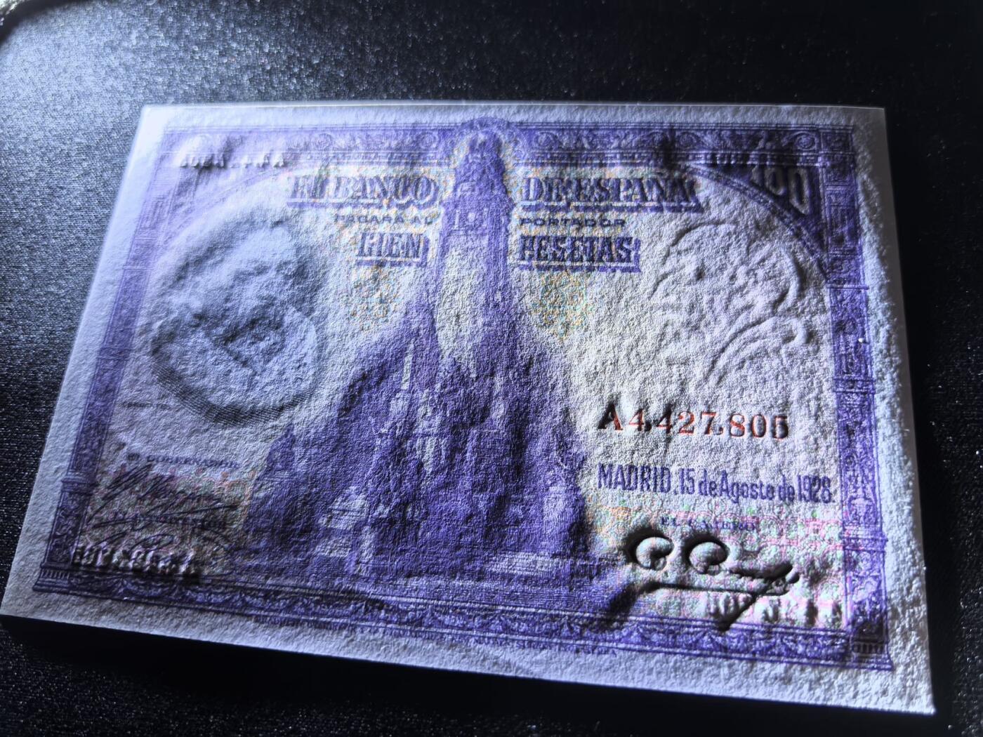 收藏联盟Quantum Auction 第360期拍卖  西班牙1928年100比塞塔 品相UNC-  点钞痕 塞万提斯