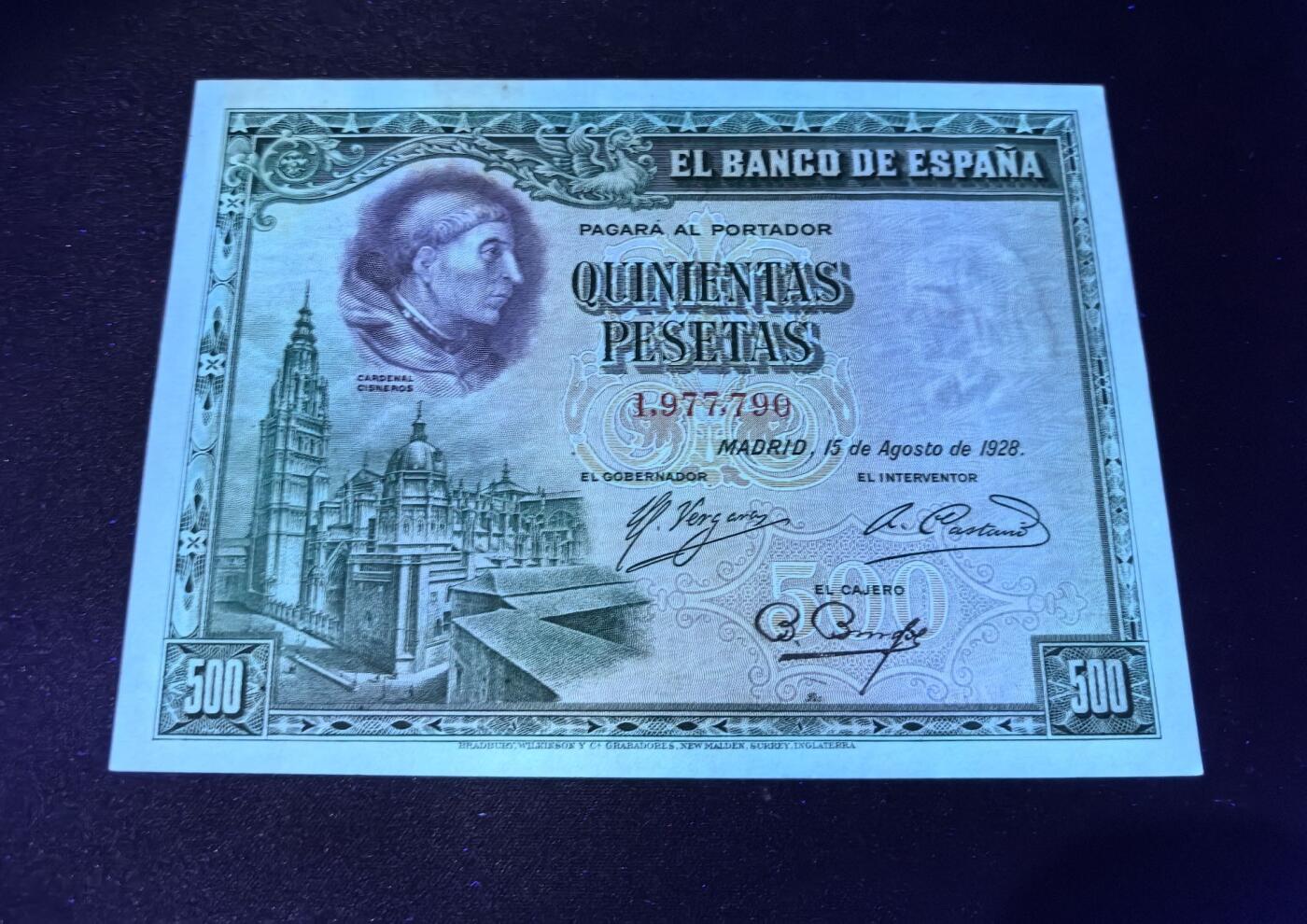 收藏联盟Quantum Auction 第360期拍卖  西班牙1928年500比塞塔 品相UNC- 点钞痕