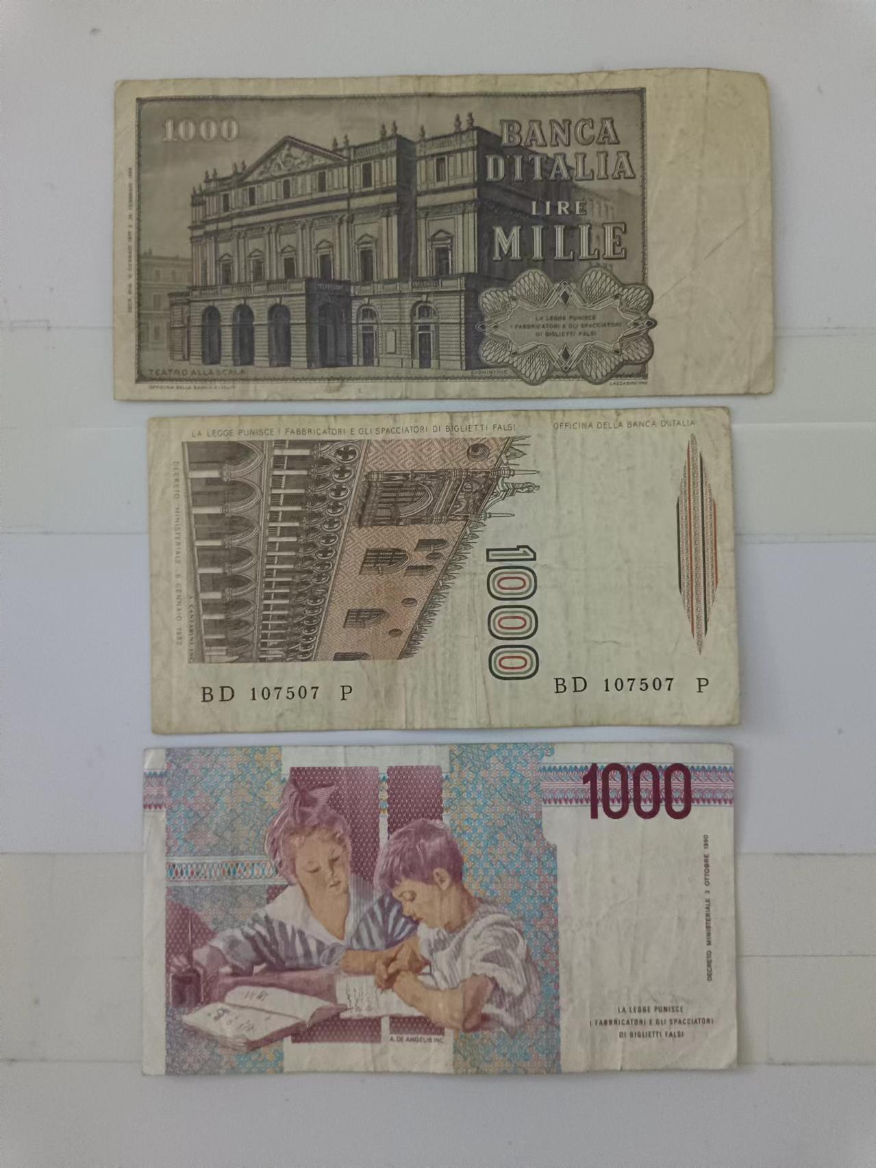 【20240714】非全新纸币第150场 意大利1000里拉3张纸币各为不同版本