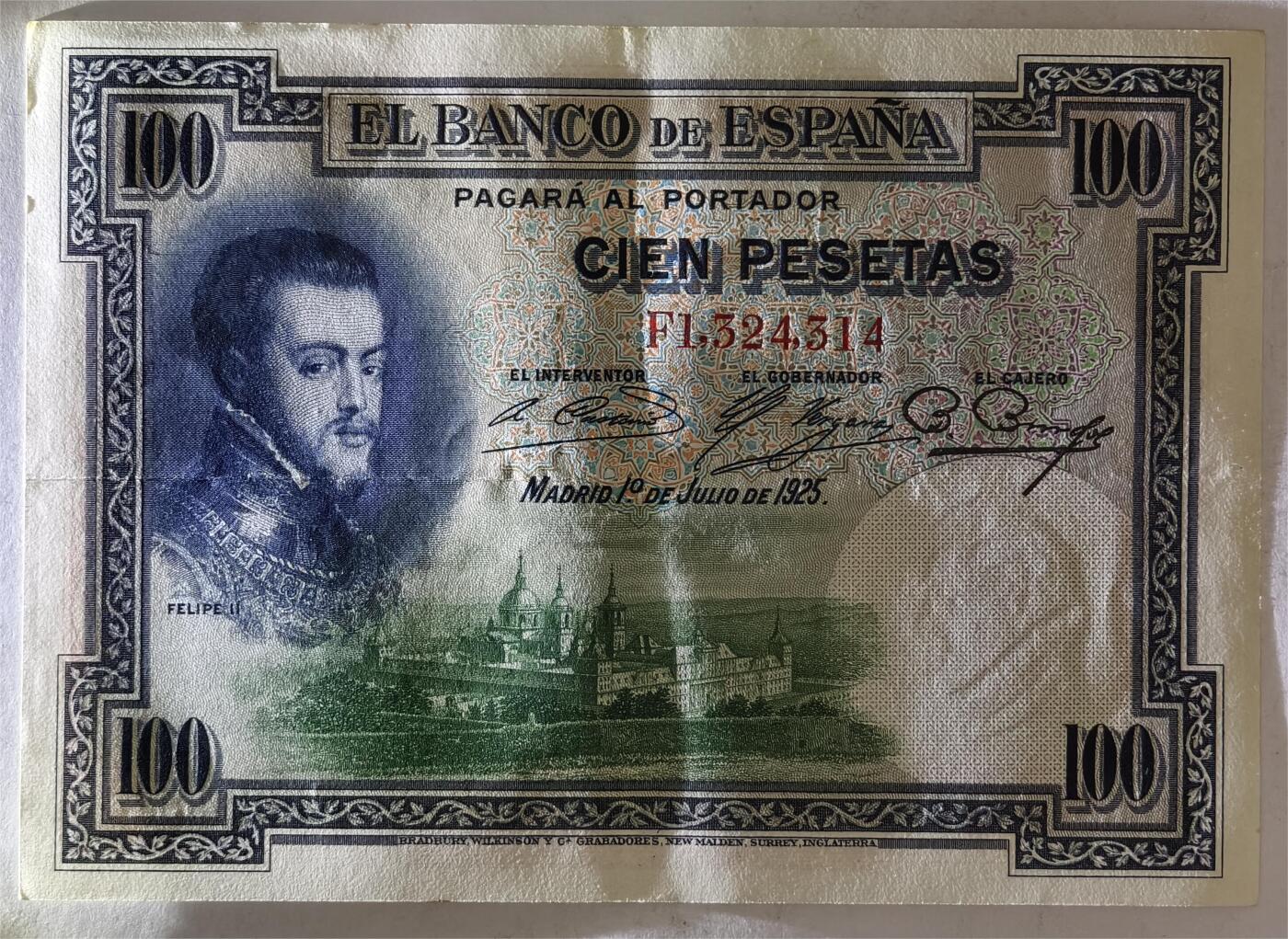 紫瑗钱币——第383期拍卖——纸币场 西班牙 1925年 油画《腓力二世的座椅》 100比塞塔 UNC (P-69c)
