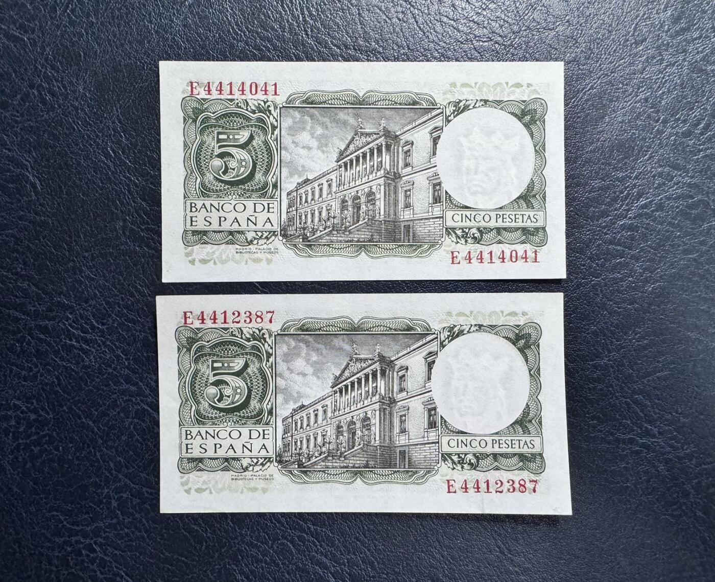 收藏联盟Quantum Auction 第360期拍卖  西班牙1954年5比索两张 品相UNC  阿方索国王