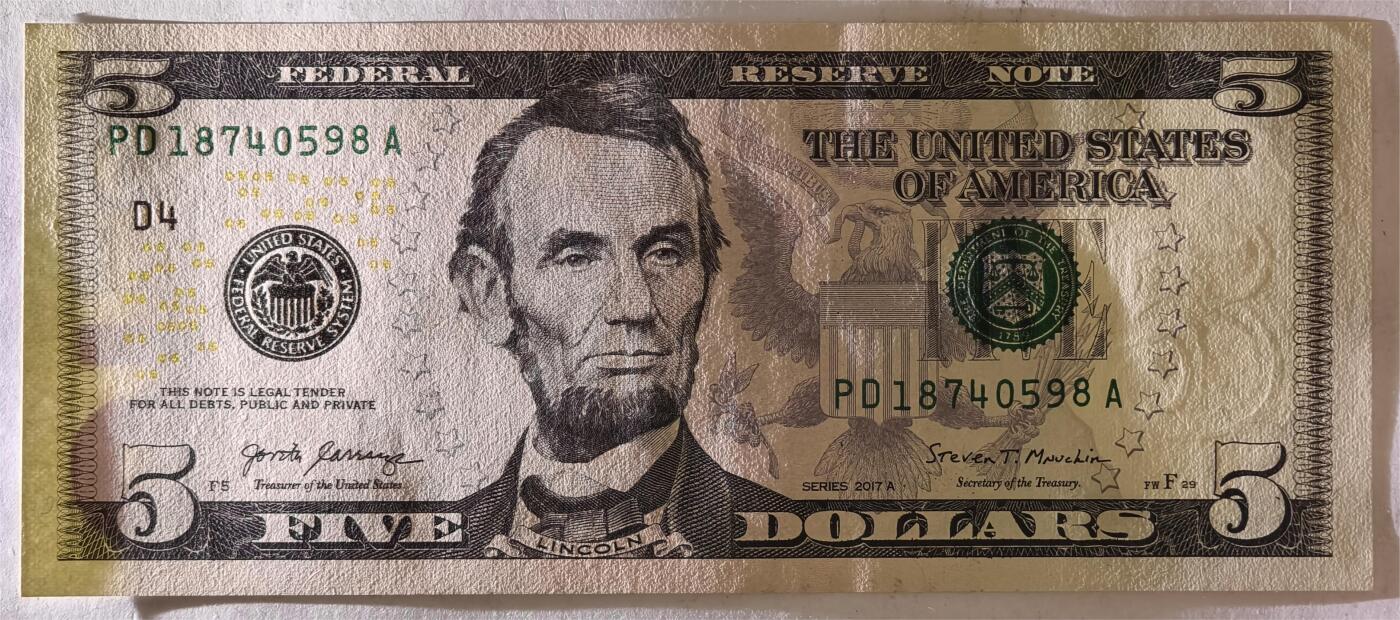 紫瑗钱币——第383期拍卖——纸币场 美国 2017年 D版 A序列 亚伯拉罕·林肯 5美元 彩色版 UNC