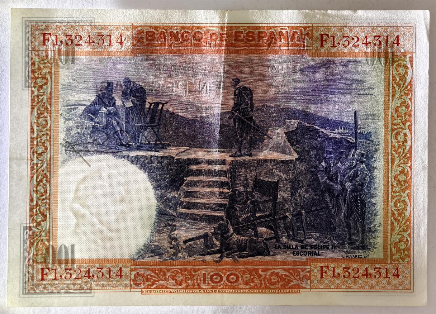 紫瑗钱币——第383期拍卖——纸币场 西班牙 1925年 油画《腓力二世的座椅》 100比塞塔 UNC (P-69c)