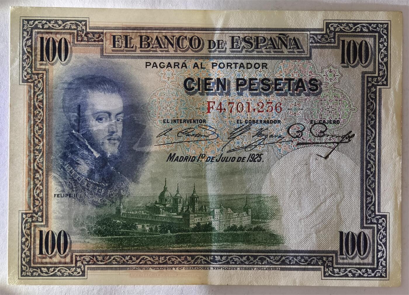 紫瑗钱币——第383期拍卖——纸币场 西班牙 1925年 油画《腓力二世的座椅》 100比塞塔 AU (P-69c)