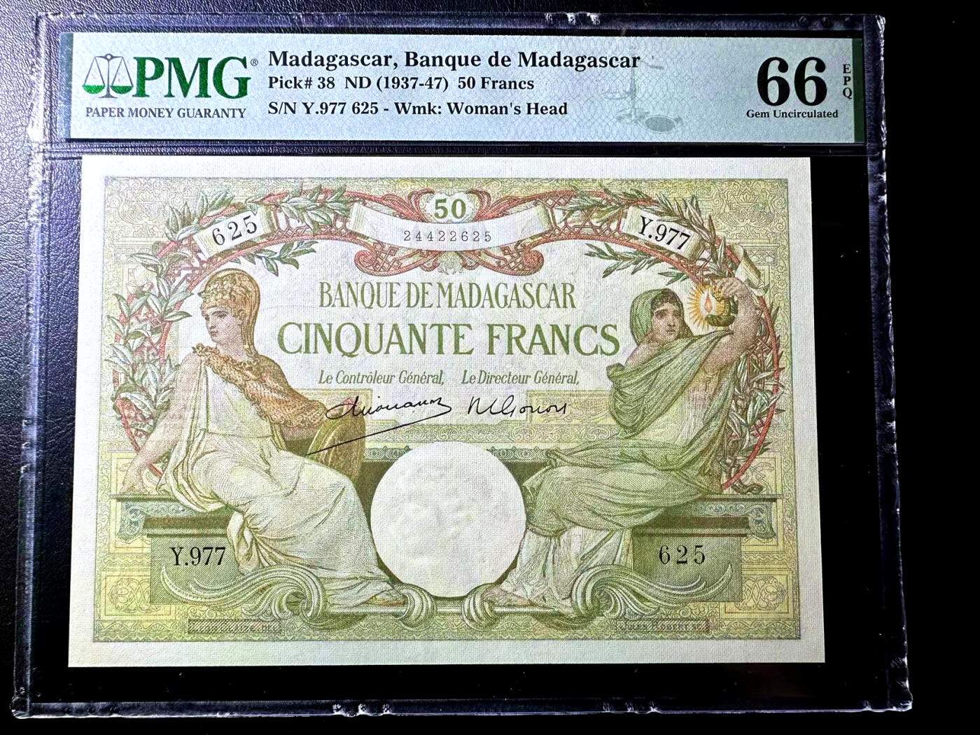 【Blue Auction】✨世界纸币精拍第503期【精】   【无47 亚军分】马达加斯加 1937-47年50法郎 罗马神话中的智慧、战争、月亮女神Minerva被孩童围绕 悦目生动 这种设计仅见该张纸币 PMG66EPQ 顶级品相 法属玩家不可错过